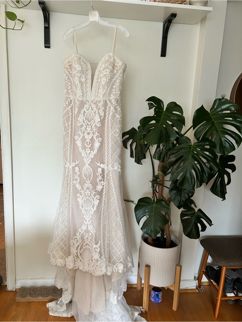 Oleg Cassini Ivory Lace Embroidered Spaghetti-Strap Wedding Gown